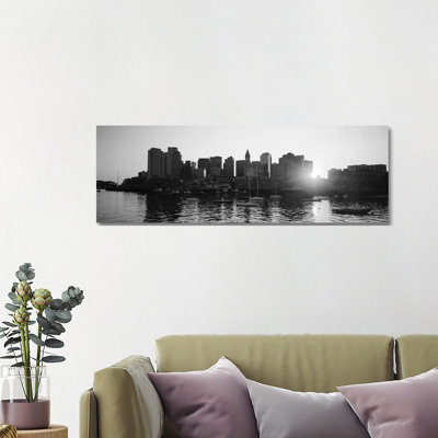 Sunset Over Skyscrapers, Boston, Massachusetts, USA (Black And White) by Panoramic Images - Wrapped Canvas Panoramic Print