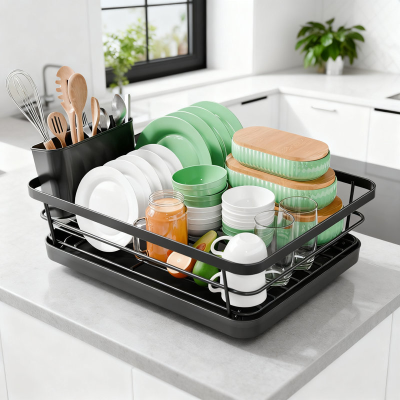 Compact Dish Drying Rack With Utensil Holder & Adjustable Drain Spout, Rust-Proof Kitchen Counter Organizer For Efficient Space Saving
