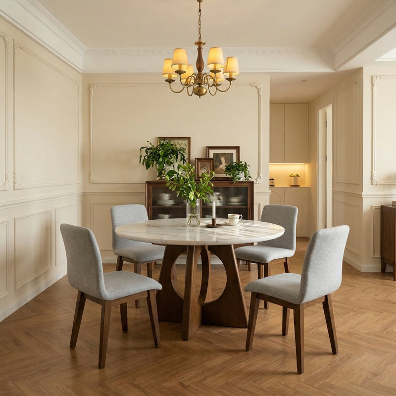 Ensemble de salle à manger moderne en marbre véritable avec table ronde de 52 po et 4 chaises rembourrées