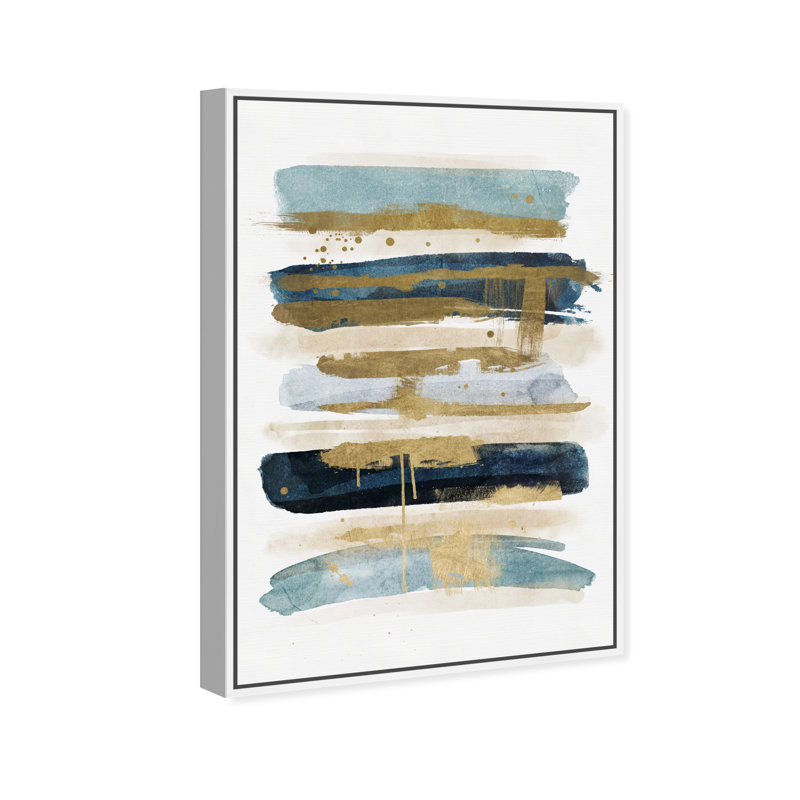 «Abstract Ocean Line» bleu / or / beige - impression sur toile, H 54 po x l 36 po, Cadre flottant blanc