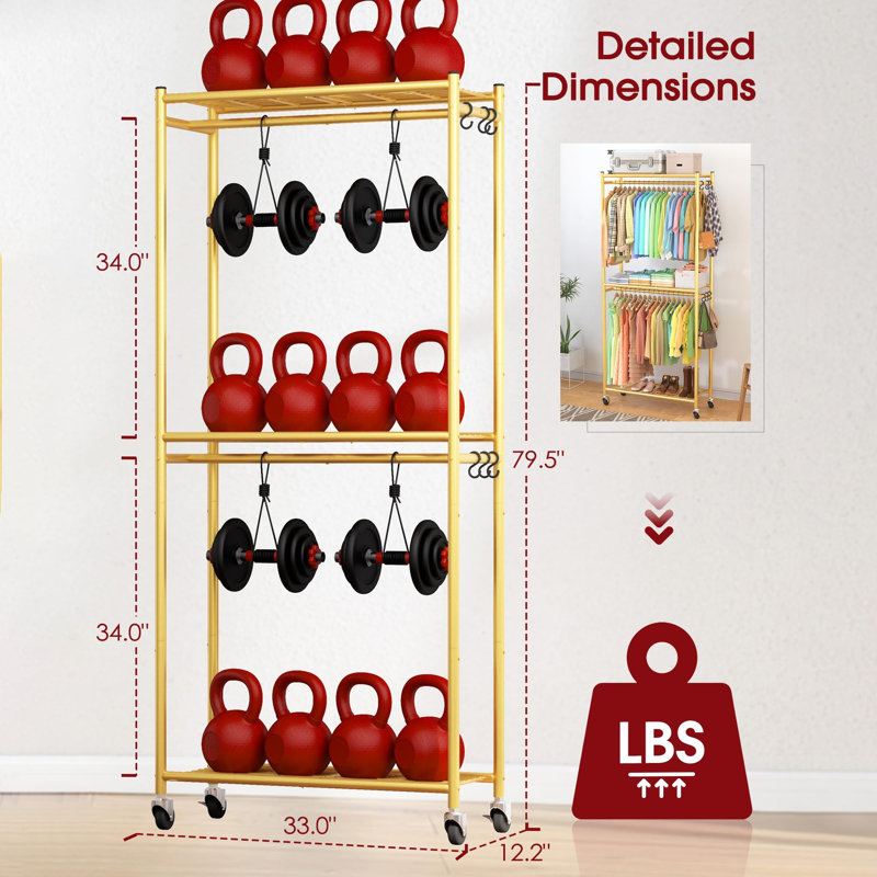 Freestanding Rolling Coat Rack with Storage Shelf & Hooks, Gold