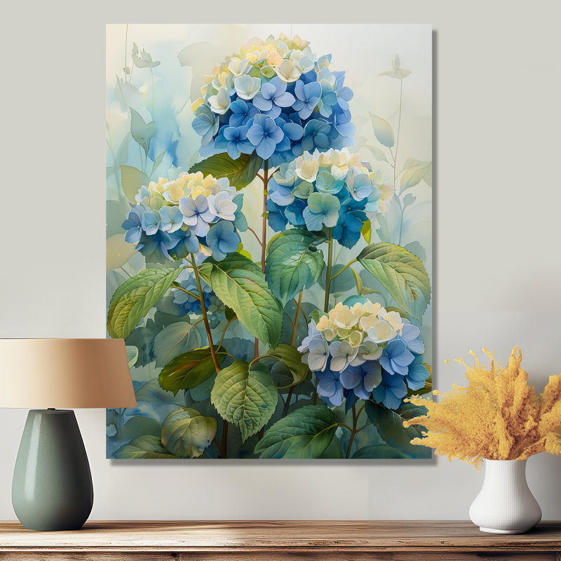 Bleu et vert jardin fleuri hortensia II - hortensia art mural, Sans cadre, métal, H 30 po x l 40 po