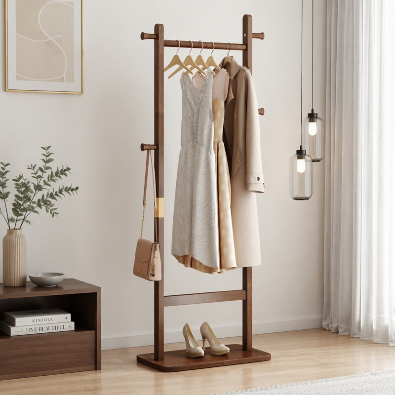 Portemanteau en bois massif à texture naturelle, facile à assembler et peu encombrant pour les chambres à coucher, les entrées et les salons