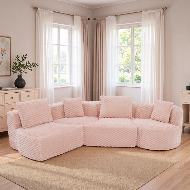 Modular Sectional Sofa With Rounded Silhouette And Pillows, Pink