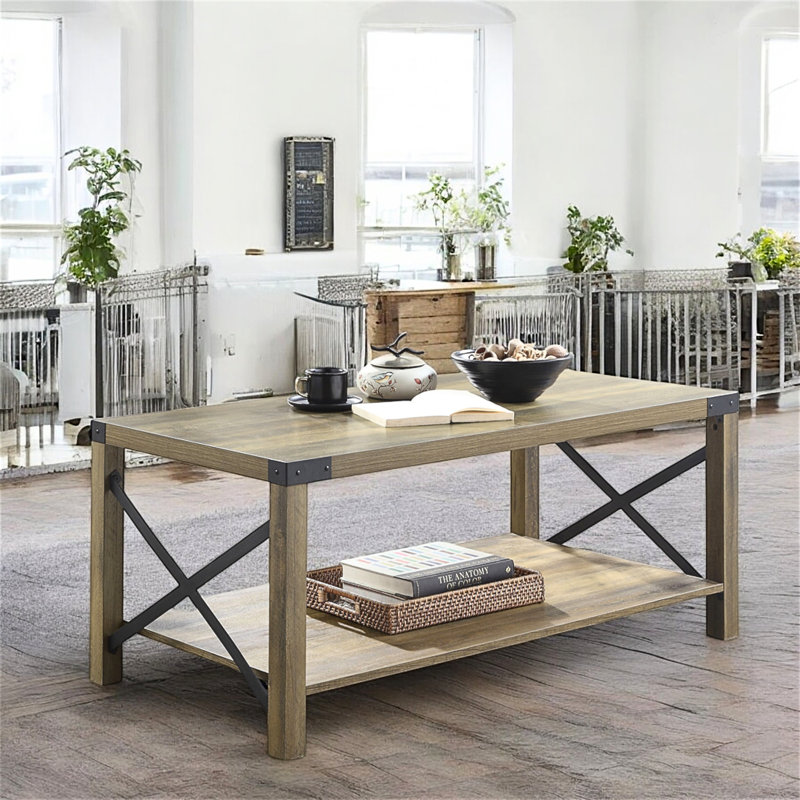 Bulwark Farmhouse Rustic Oak Coffee Table – Mid-Century Modern Barn Door Style Table for Living Room