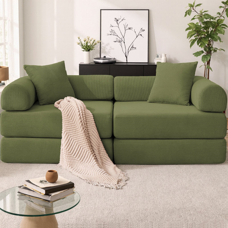 Canapé-lit modulaire pour petits espaces, canapé convertible 4 pièces en velours côtelé avec 2 dossiers, conception de matelas pliable pour les appartements, aucun assemblage requis, cadre en fer fixe