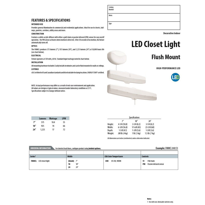 Plafonnier encastré simple à 1 lumière DEL, H 3,25 po x l 18,7 po x P 1,4 po