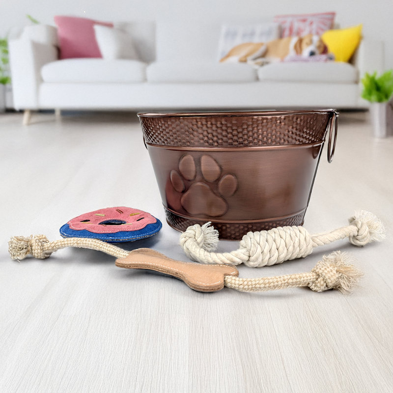 Round 15qt Dog Toy Bin with a set of 3 dog toys