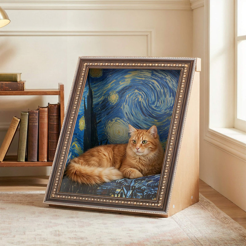 Happy & Polly 19.5'' x  17.3'' 3D Classic Artistry Cat Scratcher with Cozy Cat Bed, Starry Night