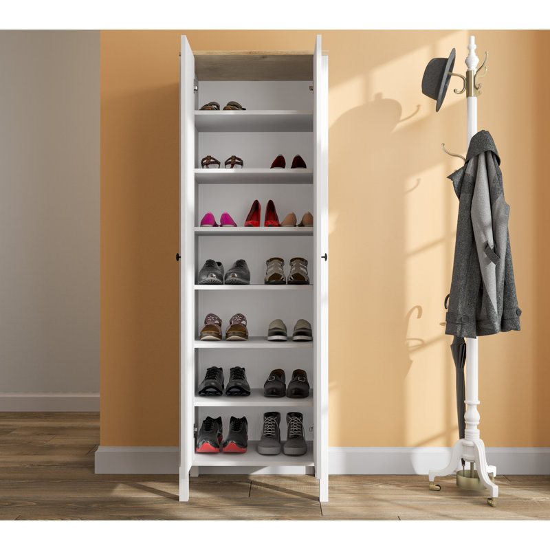 Modern Hall Stand with Multiple Shelves, White & Wood Finish, 24.8 x 74.8 x 15.0 inches | 100% Melamine Coated Particle Board, 0.71 in Thickness | Wall-Mountable, MDF Profile Legs, Stylish Scandinavian Design