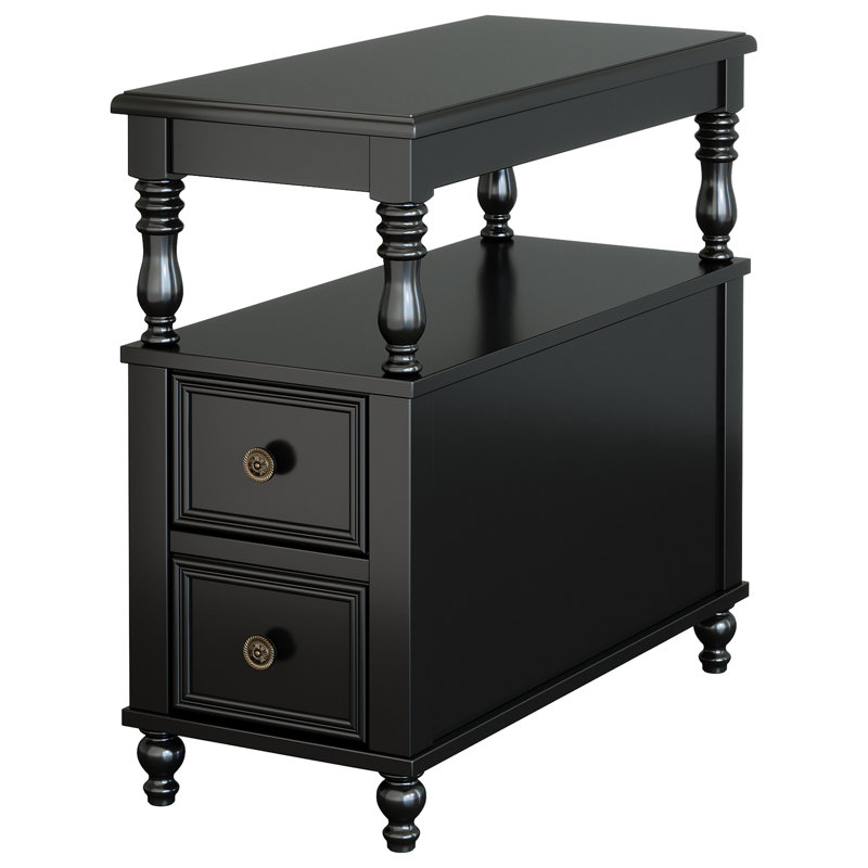 Table de bout à 2 tiroirs en bois massif avec détails cannelés, Glossy Black, 1
