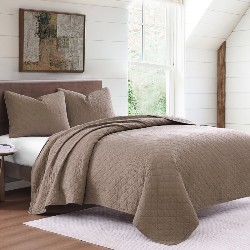 Cotton Comfort Solid Color Classic Chic Casual Modern Rustic Quilt Set, King Quilt  + 2 King Shams, Mocha