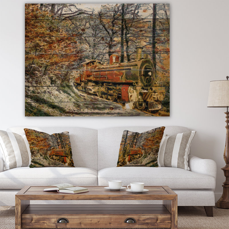 Train in Forest - Reproduction de paysage sur bois de pin naturel, H 15 po x l 20 po x P 1 po, Bois
