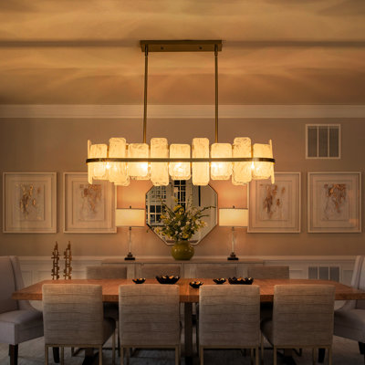 Brushed Brass Linear Chandelier 37" With Handcrafted Cloud-Textured Glass Panels, 5-Light Modern Kitchen Island Light, Adjustable Height Up To 72", E26 Base, UL/ETL Listed For Dining Room Living Room