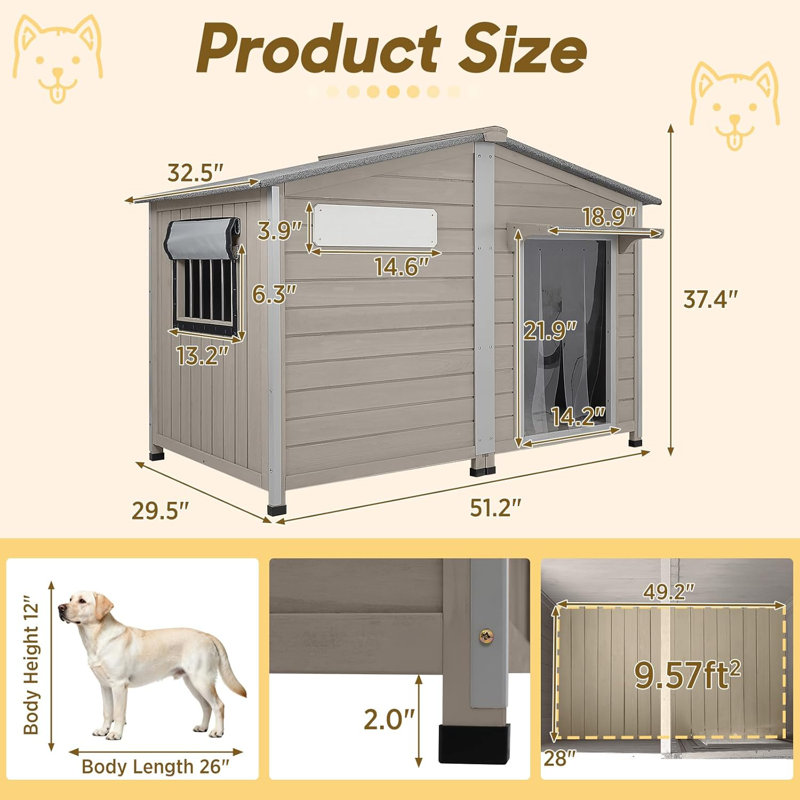 Niche pour chien d'extérieur, chenil en bois avec fenêtre pour grands chiens, gris, H 37,4 po x l 51,2 po x P 29,5 po