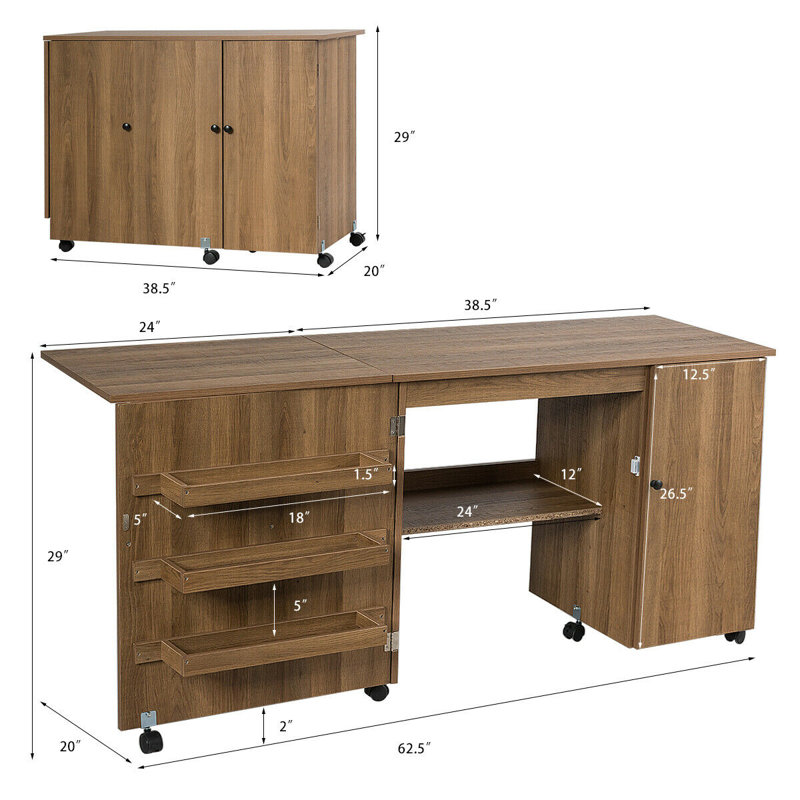 62.5'' x 20'' Foldable Sewing Table with Sewing Machine Platform and Wheels