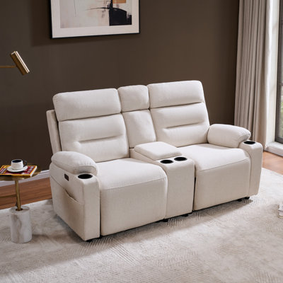 Canapé deux places inclinable électrique de 70,1 pouces avec console centrale, porte-gobelets et ports USB, revêtement en lin, couleur crème