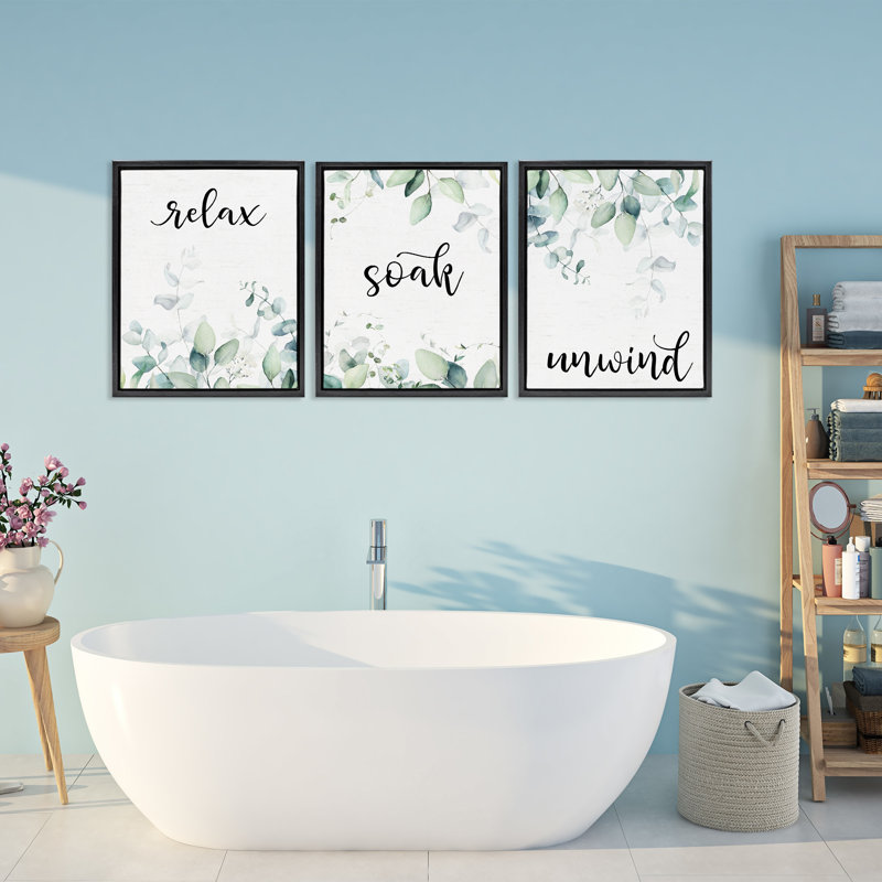 Leafy Bathroom Herbs 3pc Floating Frame Set, design by Lettered and Lined, Jet Black Floater Frame, 21" H x 17" W