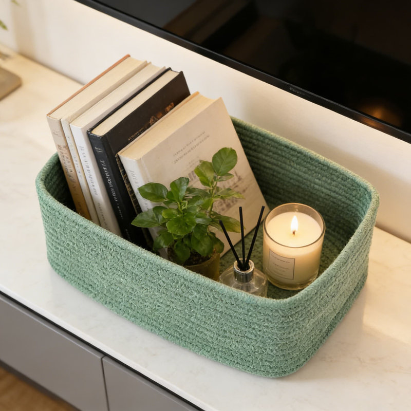 Woven Storage Baskets Set Of 4, Handwoven Cotton Rope Organizer Bins For Shelves, Closet, Desk, And Toy Storage, Decorative Rectangular Baskets For Home Organization