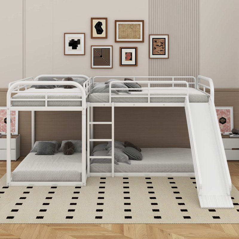 Lit superposé en L pour lit double et simple avec glissière et échelle courte, Blanc