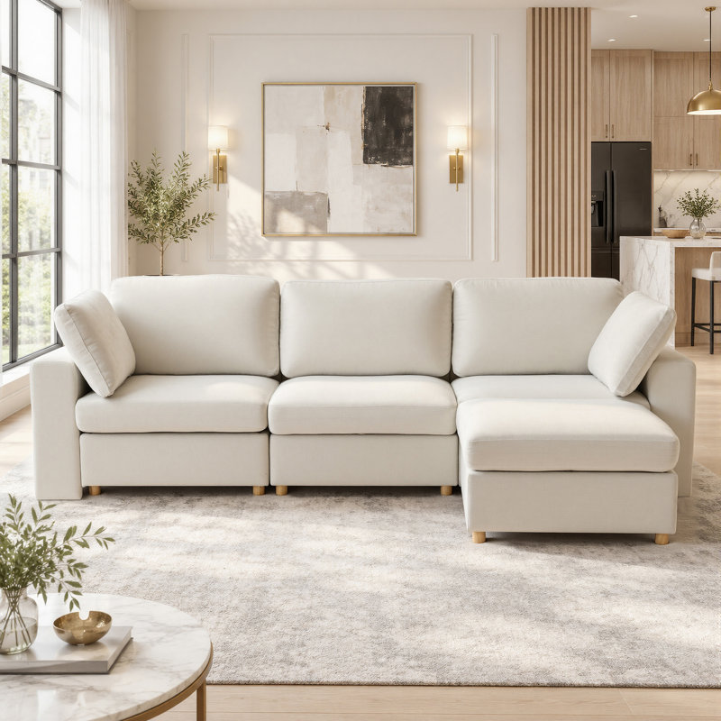 Carrigan Upholstered Sectional with Ottoman, Beige Chenille, 3 Seater+1 Ottoman