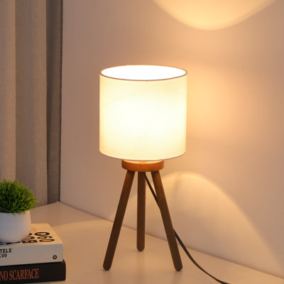 18.11" Walnut Wood Tripod Table Lamp with Fabric Drum Shade, cULus Certified for Bedroom Nightstands, Living Room Side Tables, Home Offices or Modern Decor