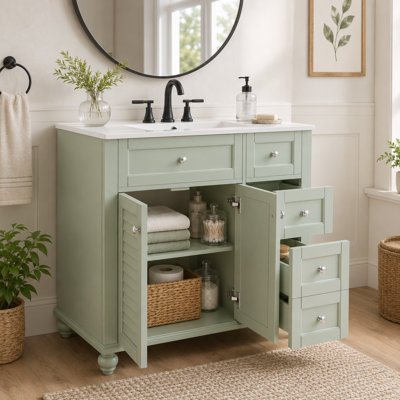 Sage green bathroom vanity set featuring an integrated white basin and multi-zone storage.