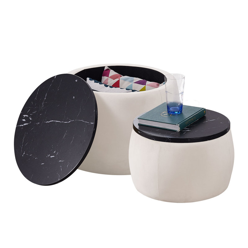 Ysabelle Storage Round Accent Side Tables, Black, Beige
