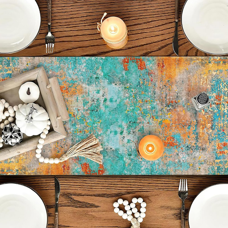 Chemin de table moderne abstrait coloré - intérieur / extérieur bleu sarcelle / jaune été / printemps / automne