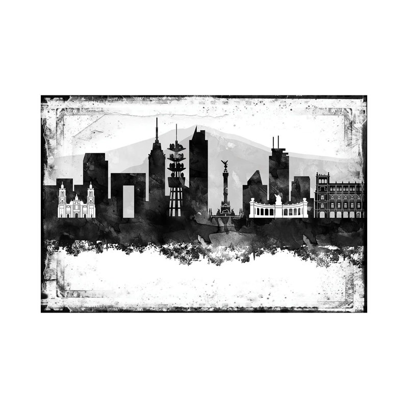Mexico City Black And White Framed Skylines 1 Piece Floater Frame Wall Art on Canvas, 30.48 cm H x 45.72 cm W, Wrapped Canvas