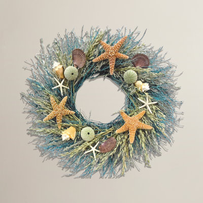 Handmade Natural Dried Flower Blue Twigs, Oats, and Seashells, Starfish, Sea Urchins Beachy Coastal Wreath 