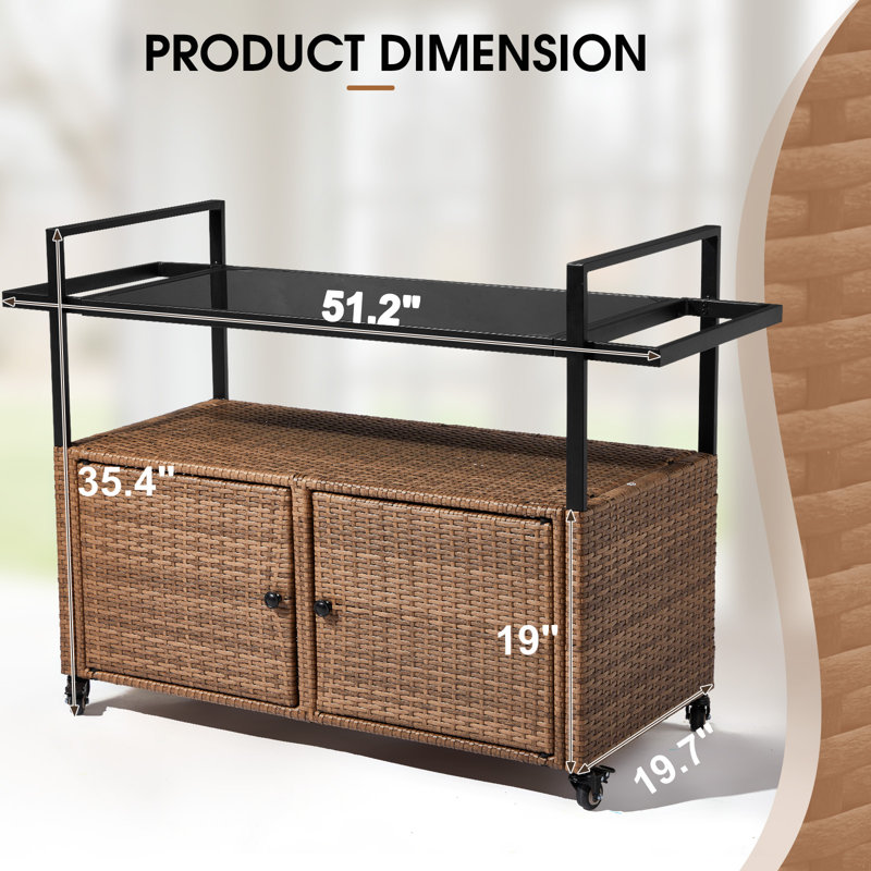 Black Rattan Bar Table With Wheels, Brown