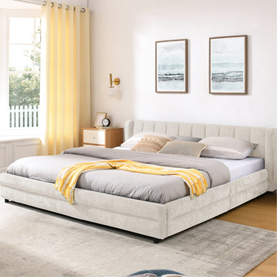 Structure de lit tapissier très grand, beige, chenille épaisse, tête de lit confortable et tiroirs pour la gestion de l'espace avec tissu en chenille, tête de lit, rangement solide