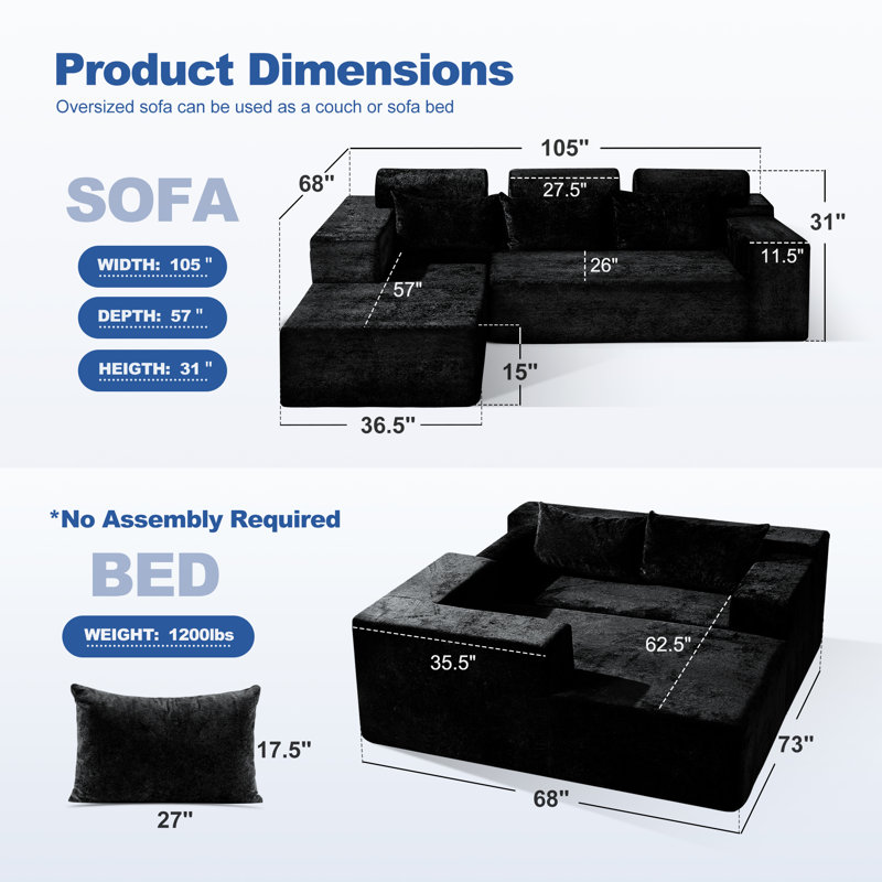 105" L-shape Modular Sectional Sofa Couch For Living Room, Black, Left Hand Facing