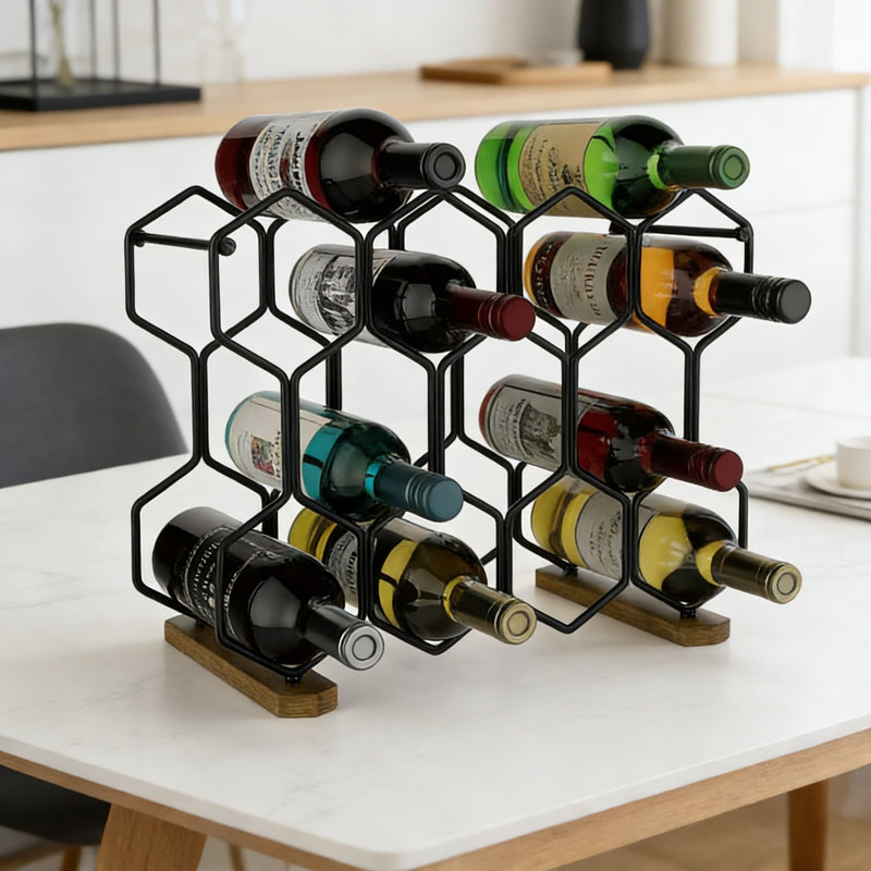 Support à vin de comptoir moderne pour 14 bouteilles, support autoportant en métal et en bois, rangement de table compact pour la cuisine, le bar ou l'armoire