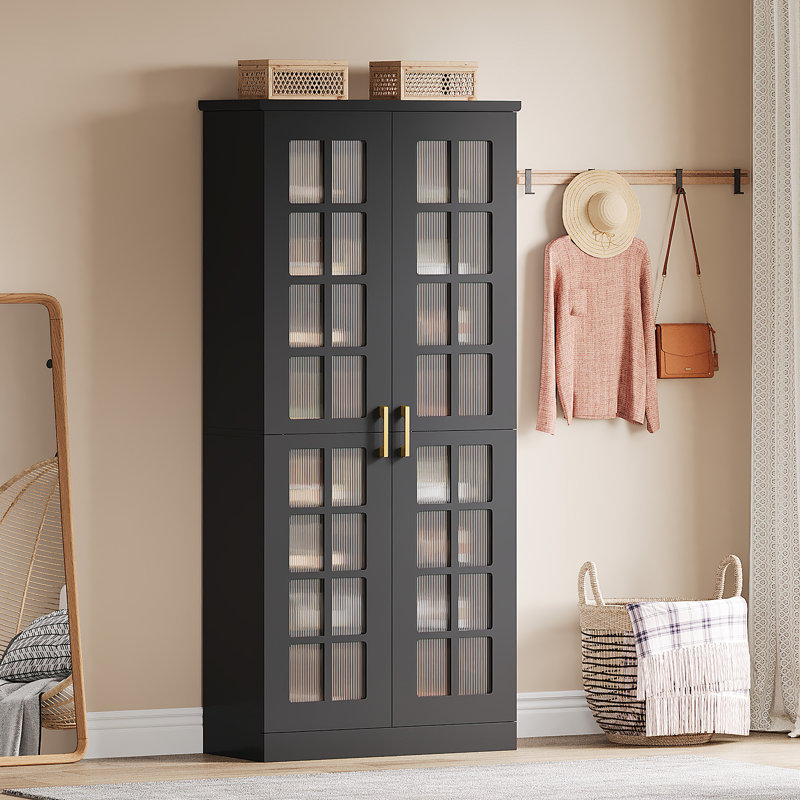 Armoire à chaussures de 67,5 po de hauteur avec portes, armoire de rangement à 8 niveaux avec tablettes réglables, Noir