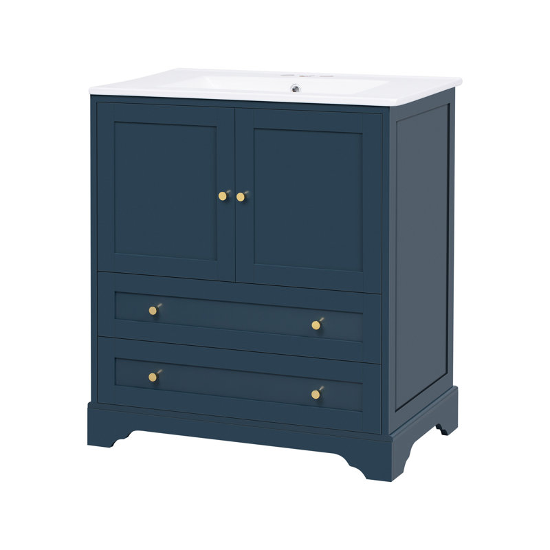 Meuble-lavabo pour salle de bain avec lavabo en céramique, armoire de rangement autoportante moderne avec poignées dorées, portes à fermeture douce, bleu