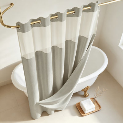 No Hook Shower Curtain and Liner Set, Linen-Look Textured Polyester Bath Curtain with Snap-In Liner, Waterproof and Washable Bathroom Curtain