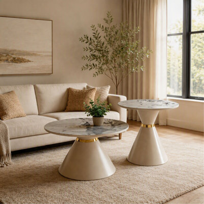 Ensemble de 2 tables basses gigognes - Rond - Plateau en pierre frittée - Piédestal kaki - Anneau décoratif doré - Luxe moderne