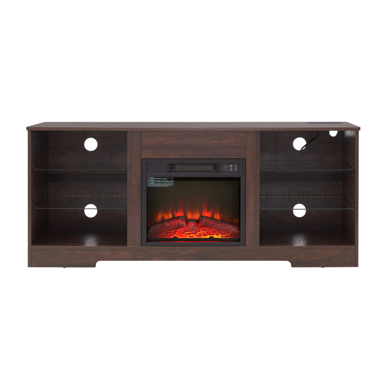 TV Stand Electric Fireplace  Glass Shelves, 3D Fireplace TV Stand With LED Lights Wood With USB Charging Outlet Modern Television Table Center For TV Up To 62" ESP, 58''W*15.5''D*24.4