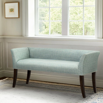 Banc bleu sarcelle avec dossier rembourré, revêtement en lin et structure en bois massif, capacité de 400 lb, tissu tissé serré, accoudoirs décoratifs tapissés de décor de vestibule, passepoil, siège en mousse à haute densité optimale