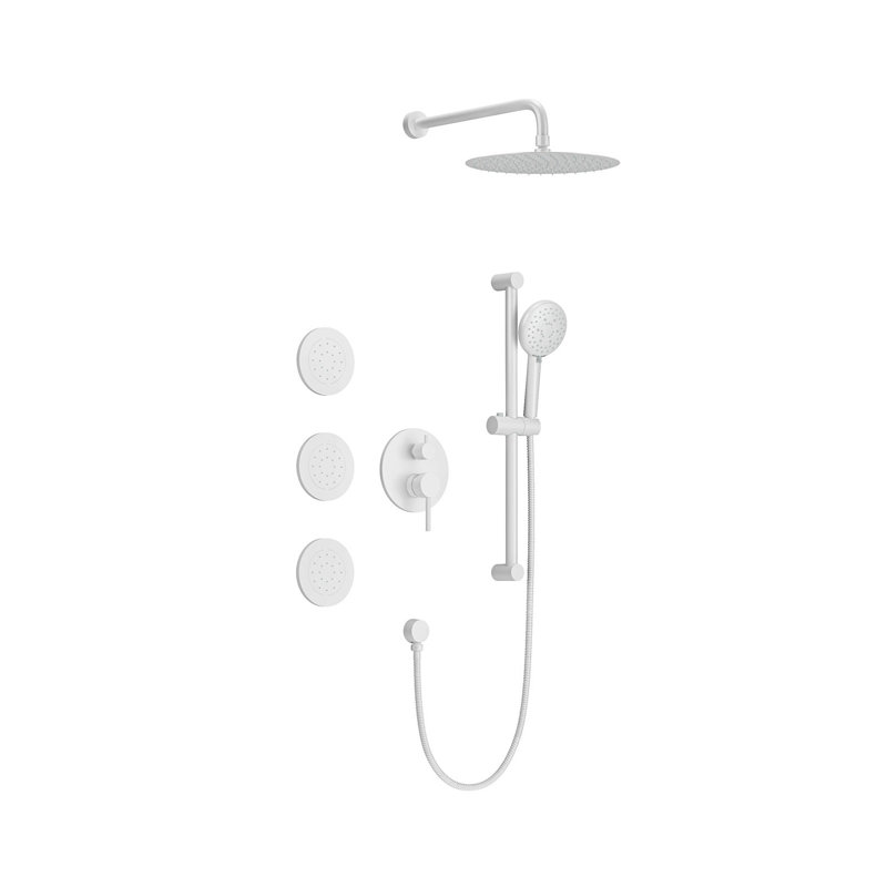 Système de douche complet en laiton avec pomme de douche à pluie, pulvérisateur à main, jets de corps et barre coulissante - technologie d'injection d'air à haute pression, conception murale, finition blanche