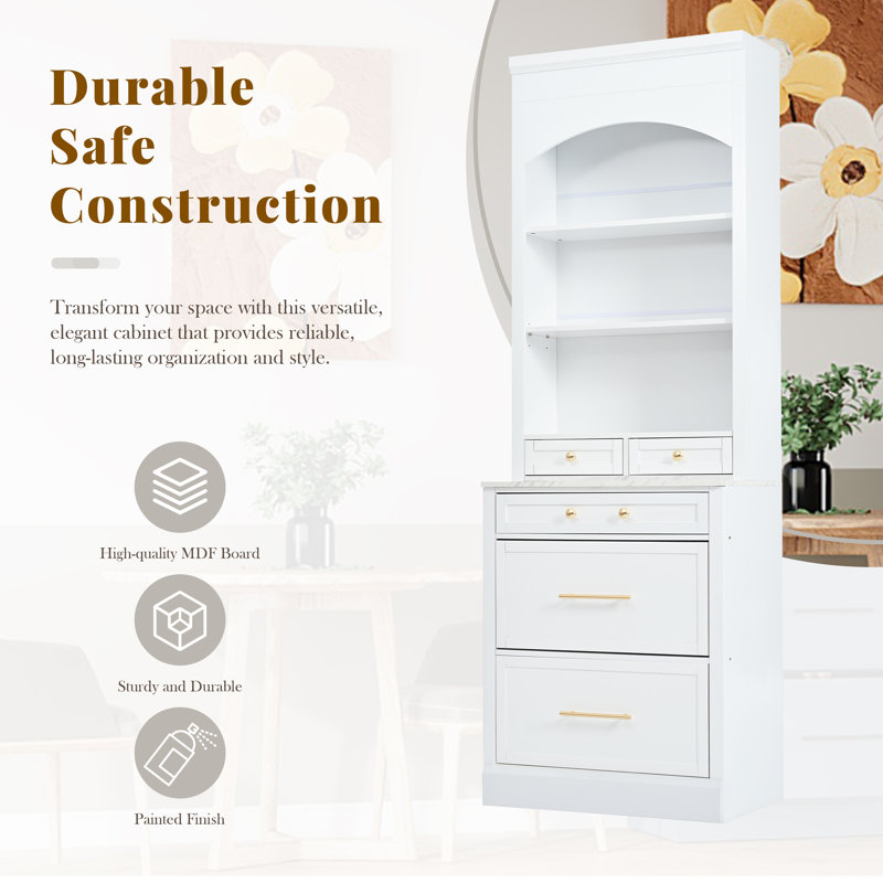 Grand garde-manger moderne blanc Topmat avec plateau en faux marbre et 5 tiroirs de rangement - conception compacte