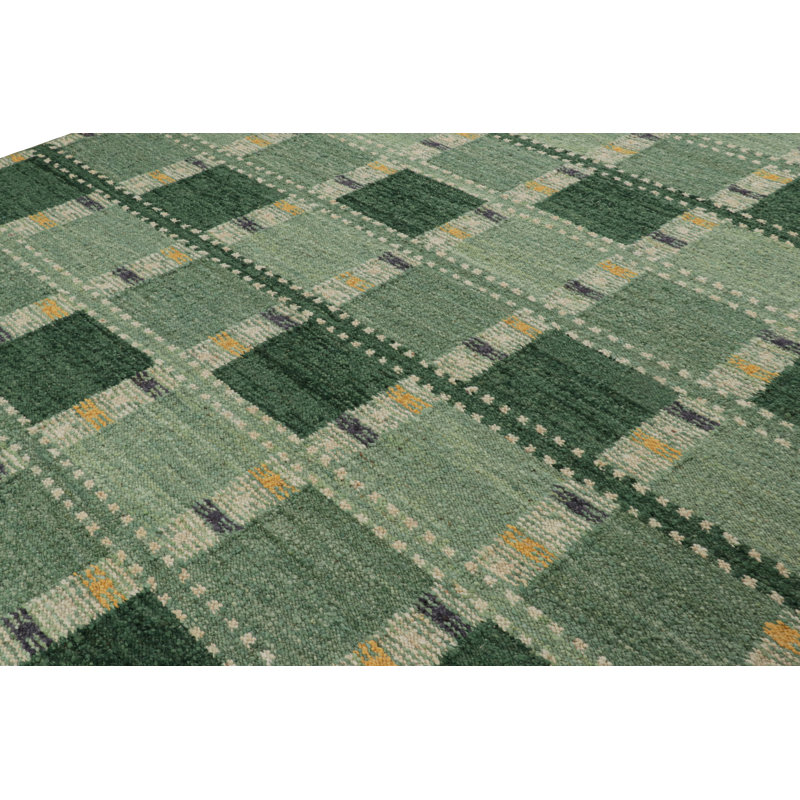Rug & Kilim’S Scandinavian Rug In Green Tones, With Geometric Patterns, Rectangle 10' x 14'
