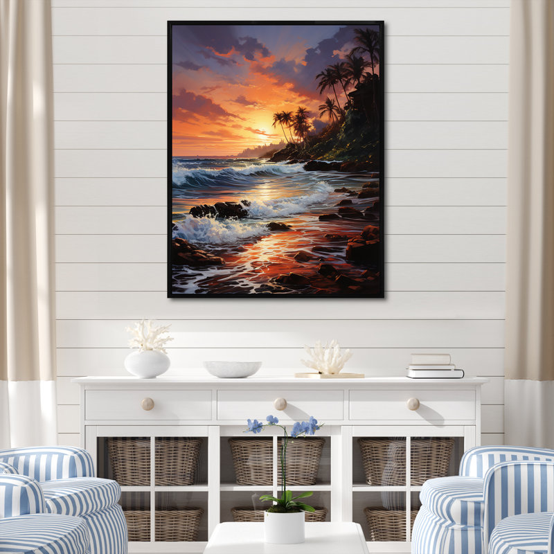 Dreamy Tropical Sunset, plage mexicaine - art mural plage, Cadre flottant noir, 44" H x 34" W