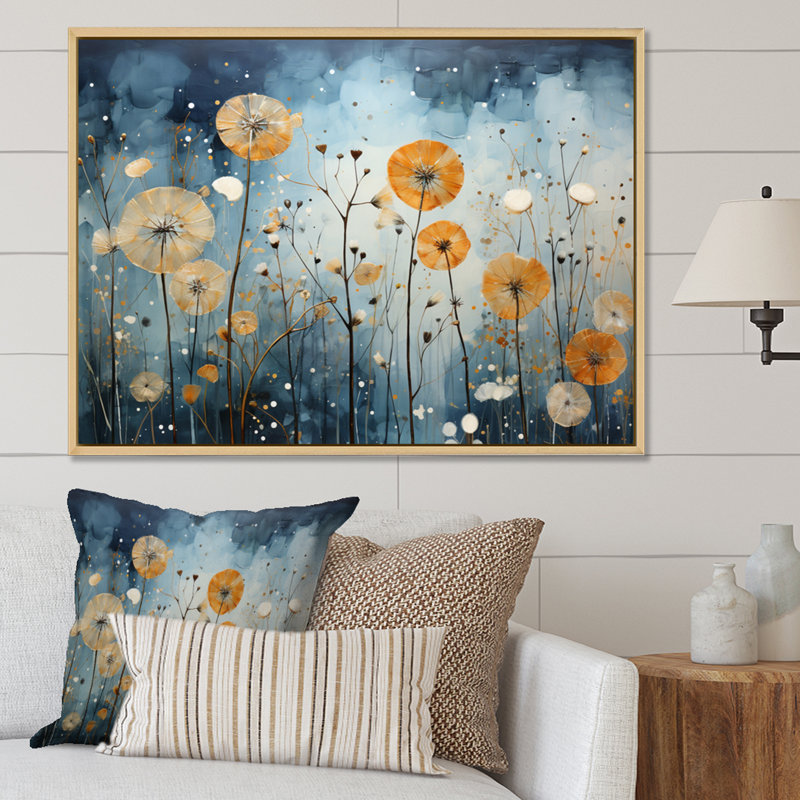 Blue Dandelion Floral Symphony VI - Floral Wall Art Living Room, H 34 po x l 44 po x P 1,5 po, Cadre naturel flottant