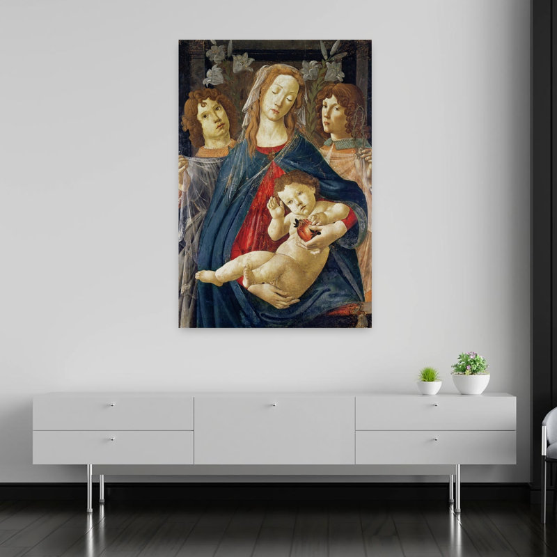 Vierge à la grenade, affiche murale abstraite contemporaine représentant une fleur de lys et un fruit, H 60 po x l 40 po