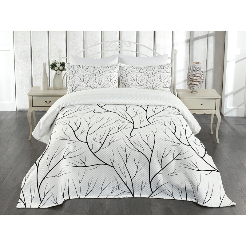 White Quilted Queen Bedspread Set with Tree Design