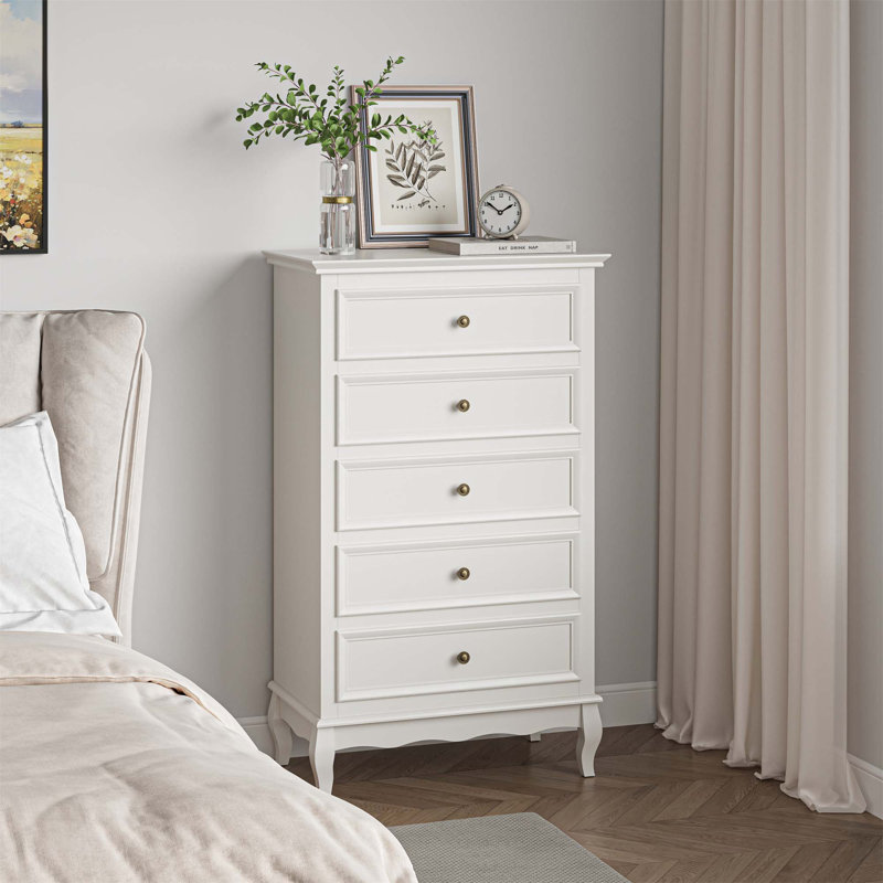 Commode 5 tiroirs pour chambre à coucher, armoire de rangement moderne avec pieds en bois massif