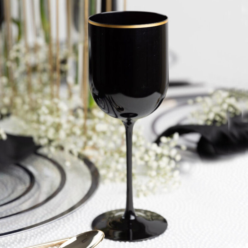 Elegant Black Plastic Wine Glasses with Gold Rim, Set of 15